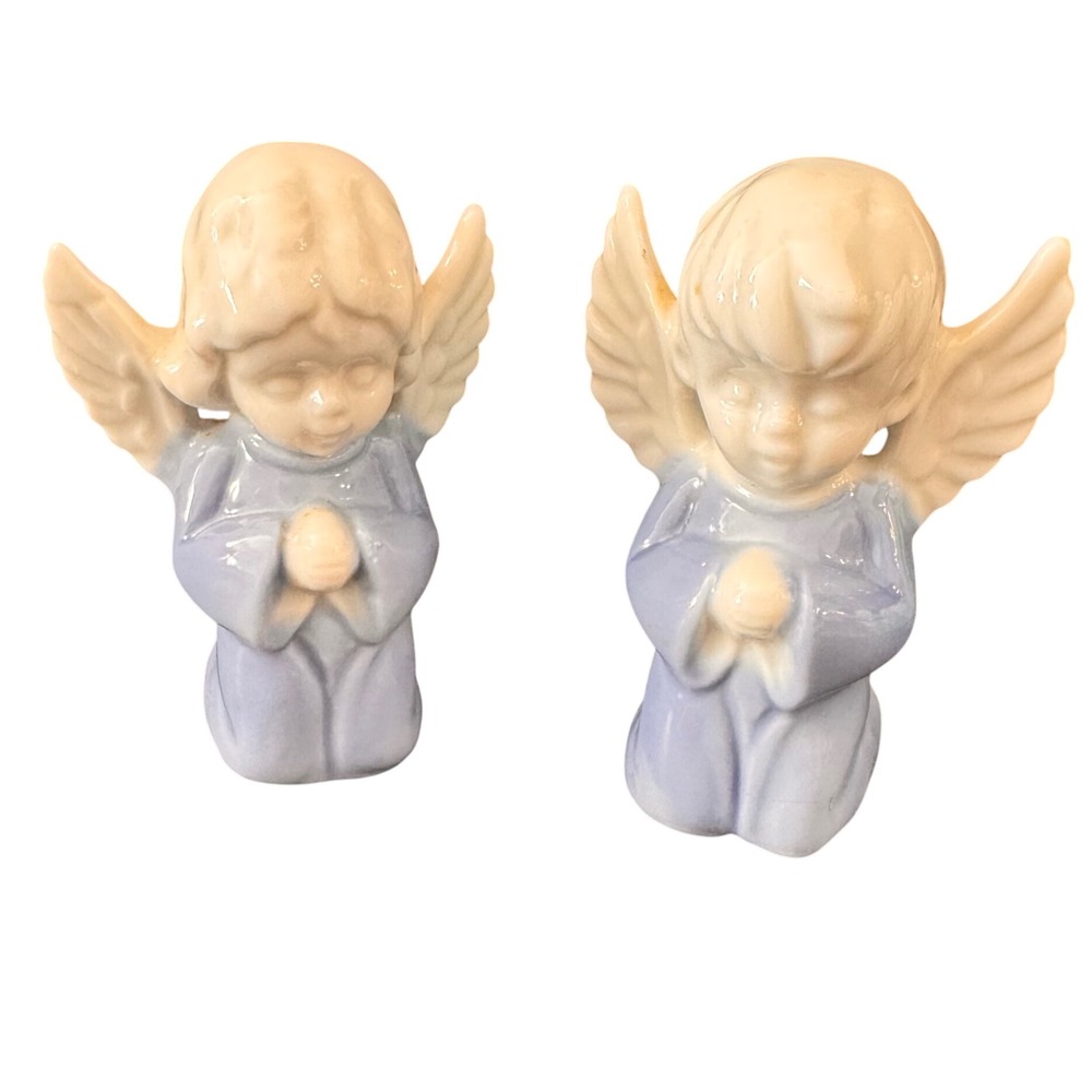 Vintage‎ Boy & Girl Angel Praying Figurines Made in Japan Blue & White Ceramic